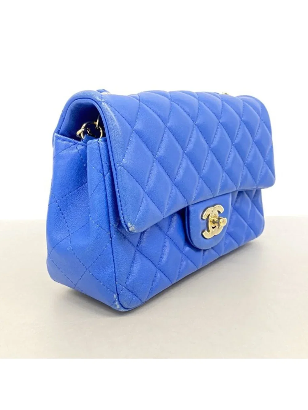 Chanel Shoulder Bag Mini Quilted Lambskin Blue Gold